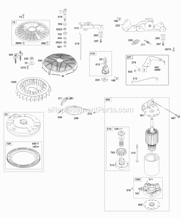 Controls Electric Start Flywheel Diagram and Parts List for  Briggs and Stratton Engine